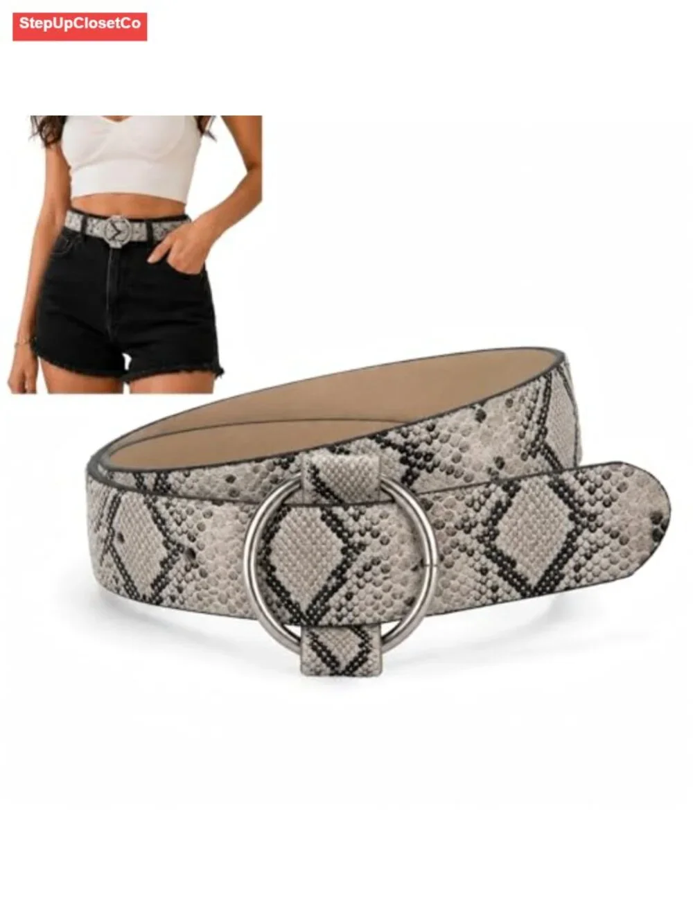 Women's Snake Print Faux Leather Belt with Silver O-Ring Buckle - No-Hole